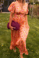 Women's Floral Maxi Dress – Deep V-Neck Flutter Sleeve Ruched Waist Garden Party