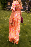 Women's Floral Maxi Dress – Deep V-Neck Flutter Sleeve Ruched Waist Garden Party