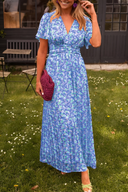 Women's Floral Maxi Dress – Deep V-Neck Flutter Sleeve Ruched Waist Garden Party