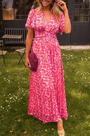 Women's Floral Maxi Dress – Deep V-Neck Flutter Sleeve Ruched Waist Garden Party