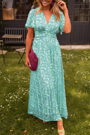Women's Floral Maxi Dress – Deep V-Neck Flutter Sleeve Ruched Waist Garden Party