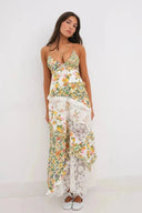 Women's Floral Maxi Dress – Deep V Neck Lace Trim Ruffle Spaghetti Strap Sundress