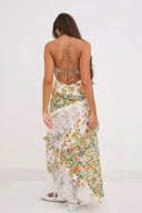 Women's Floral Maxi Dress – Deep V Neck Lace Trim Ruffle Spaghetti Strap Sundress