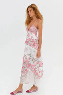 Women's Floral Maxi Dress – Deep V Neck Lace Trim Ruffle Spaghetti Strap Sundress