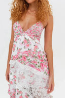 Women's Floral Maxi Dress – Deep V Neck Lace Trim Ruffle Spaghetti Strap Sundress