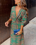 Women's Floral Maxi Dress – Deep V Neck Long Sleeve Twist Knot Waist Evening Dress