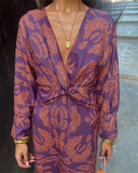 Women's Floral Maxi Dress – Deep V Neck Long Sleeve Twist Knot Waist Evening Dress