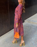 Women's Floral Maxi Dress – Deep V Neck Long Sleeve Twist Knot Waist Evening Dress