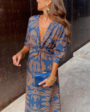 Women's Floral Maxi Dress – Deep V Neck Long Sleeve Twist Knot Waist Evening Dress