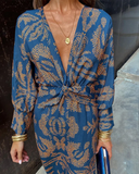 Women's Floral Maxi Dress – Deep V Neck Long Sleeve Twist Knot Waist Evening Dress