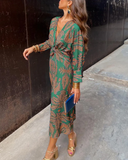 Women's Floral Maxi Dress – Deep V Neck Long Sleeve Twist Knot Waist Evening Dress