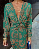 Women's Floral Maxi Dress – Deep V Neck Long Sleeve Twist Knot Waist Evening Dress