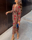 Women's Floral Maxi Dress – Deep V Neck Long Sleeve Twist Knot Waist Evening Dress