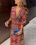 Women's Floral Maxi Dress – Deep V Neck Long Sleeve Twist Knot Waist Evening Dress