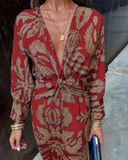 Women's Floral Maxi Dress – Deep V Neck Long Sleeve Twist Knot Waist Evening Dress