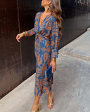 Women's Floral Maxi Dress – Deep V Neck Long Sleeve Twist Knot Waist Evening Dress