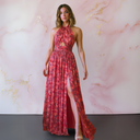 Women's Floral Maxi Dress – Halter Neck Cutout Waist Front Slit Formal Evening