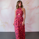 Women's Floral Maxi Dress – Halter Neck Cutout Waist Front Slit Formal Evening