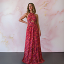 Women's Floral Maxi Dress – Halter Neck Cutout Waist Front Slit Formal Evening