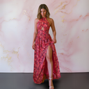 Women's Floral Maxi Dress – Halter Neck Cutout Waist Front Slit Formal Evening