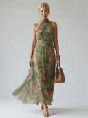 Women's Floral Maxi Dress – Halter Neck Gathered Sleeveless Wedding Guest