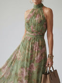 Women's Floral Maxi Dress – Halter Neck Gathered Sleeveless Wedding Guest