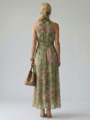 Women's Floral Maxi Dress – Halter Neck Gathered Sleeveless Wedding Guest