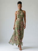 Women's Floral Maxi Dress – Halter Neck Gathered Sleeveless Wedding Guest