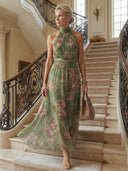 Women's Floral Maxi Dress – Halter Neck Gathered Sleeveless Wedding Guest
