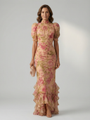 Women's Floral Maxi Dress – High Neck Puff Sleeve Fitted Ruffle Hem Wedding Guest
