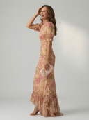 Women's Floral Maxi Dress – High Neck Puff Sleeve Fitted Ruffle Hem Wedding Guest