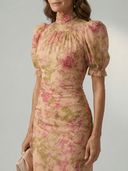 Women's Floral Maxi Dress – High Neck Puff Sleeve Fitted Ruffle Hem Wedding Guest