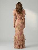 Women's Floral Maxi Dress – High Neck Puff Sleeve Fitted Ruffle Hem Wedding Guest