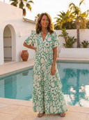 Women's Floral Maxi Dress – Short Sleeve V Neck Tiered Summer Beach