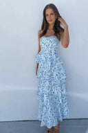 Women's Floral Maxi Dress – Square Neck Corset Bodice Tiered Ruffle Wedding Guest