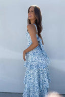 Women's Floral Maxi Dress – Square Neck Corset Bodice Tiered Ruffle Wedding Guest