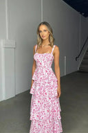 Women's Floral Maxi Dress – Square Neck Corset Bodice Tiered Ruffle Wedding Guest
