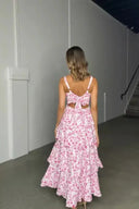 Women's Floral Maxi Dress – Square Neck Corset Bodice Tiered Ruffle Wedding Guest