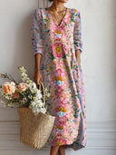 Women's Floral Maxi Dress – V Neck 3/4 Sleeve Casual Spring Garden Party Dress