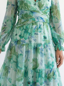 Women's Floral Maxi Dress – V Neck Long Puff Sleeve Gathered Waist Dress