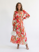 Women's Floral Maxi Dress – V Neck Long Puff Sleeve Gathered Waist Dress