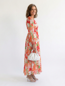 Women's Floral Maxi Dress – V Neck Long Puff Sleeve Gathered Waist Dress