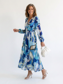 Women's Floral Maxi Dress – V Neck Long Puff Sleeve Gathered Waist Dress