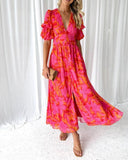 Women's Floral Maxi Dress – V Neck Puff Sleeve Button Front Garden Party Dress
