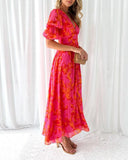 Women's Floral Maxi Dress – V Neck Puff Sleeve Button Front Garden Party Dress