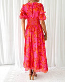 Women's Floral Maxi Dress – V Neck Puff Sleeve Button Front Garden Party Dress