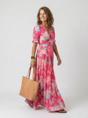 Women's Floral Maxi Dress – V Neck Short Flutter Sleeve Gathered Waist Summer Dress
