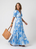 Women's Floral Maxi Dress – V Neck Short Flutter Sleeve Gathered Waist Summer Dress