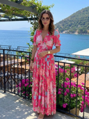 Women's Floral Maxi Dress – V Neck Short Flutter Sleeve Gathered Waist Summer Dress