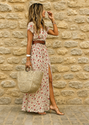 Women's Floral Maxi Dress – V Neck Short Sleeve Smocked Waist Side Slit Summer Dress